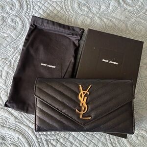 Saint Laurent Black Chevron Flap Quilted Wallet with Gold YSL Logo